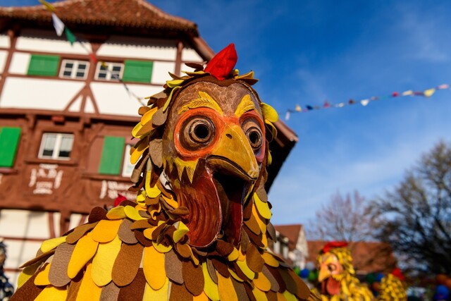 Verkleidete Person im "Hennenschlitter-Kostüm" der Narrengesellschaft Hennenschlitter in Immenstaad, als Hahn.