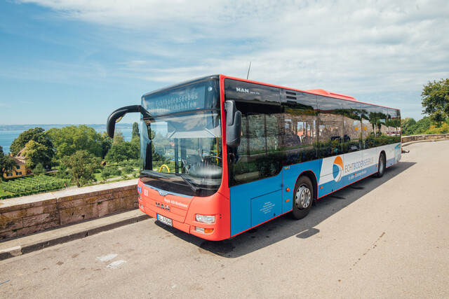 Der Echt Bodensee Bus mit der Liniennummer 100 steht auf einem Parkplatz. Im Hintergrund sieht man Weinreben, Bäume und den Bodensee.
